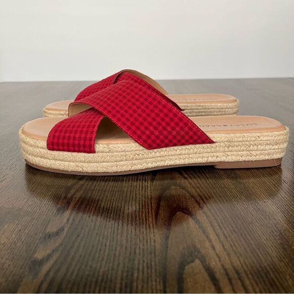 Lucky Brand Gayte Checked Seersucker Slide/Sandals-Garnet Women’s Sz 8.5 - Picture 2 of 8